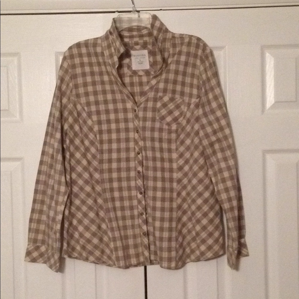 Tan and gray button down shirt